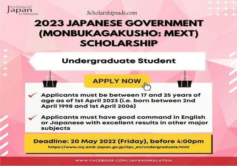Monbukagakusho: MEXT Scholarship by Japanese Government For Undergraduate Studies 2023